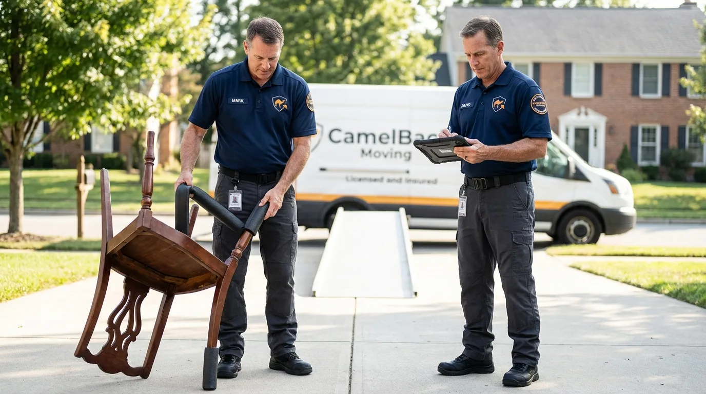 Movers inspecting furniture for damage prevention before loading in Concordia, KS