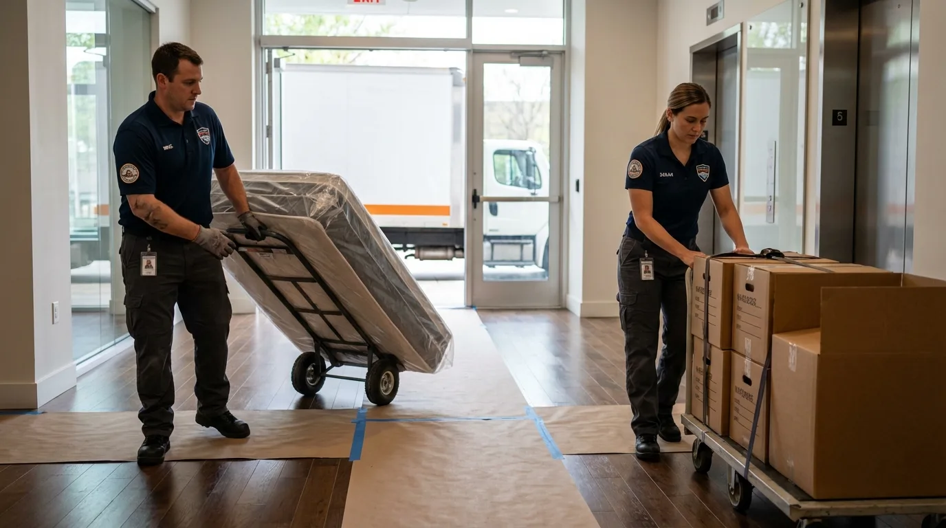 Professional apartment movers loading elevator in Concordia, KS
