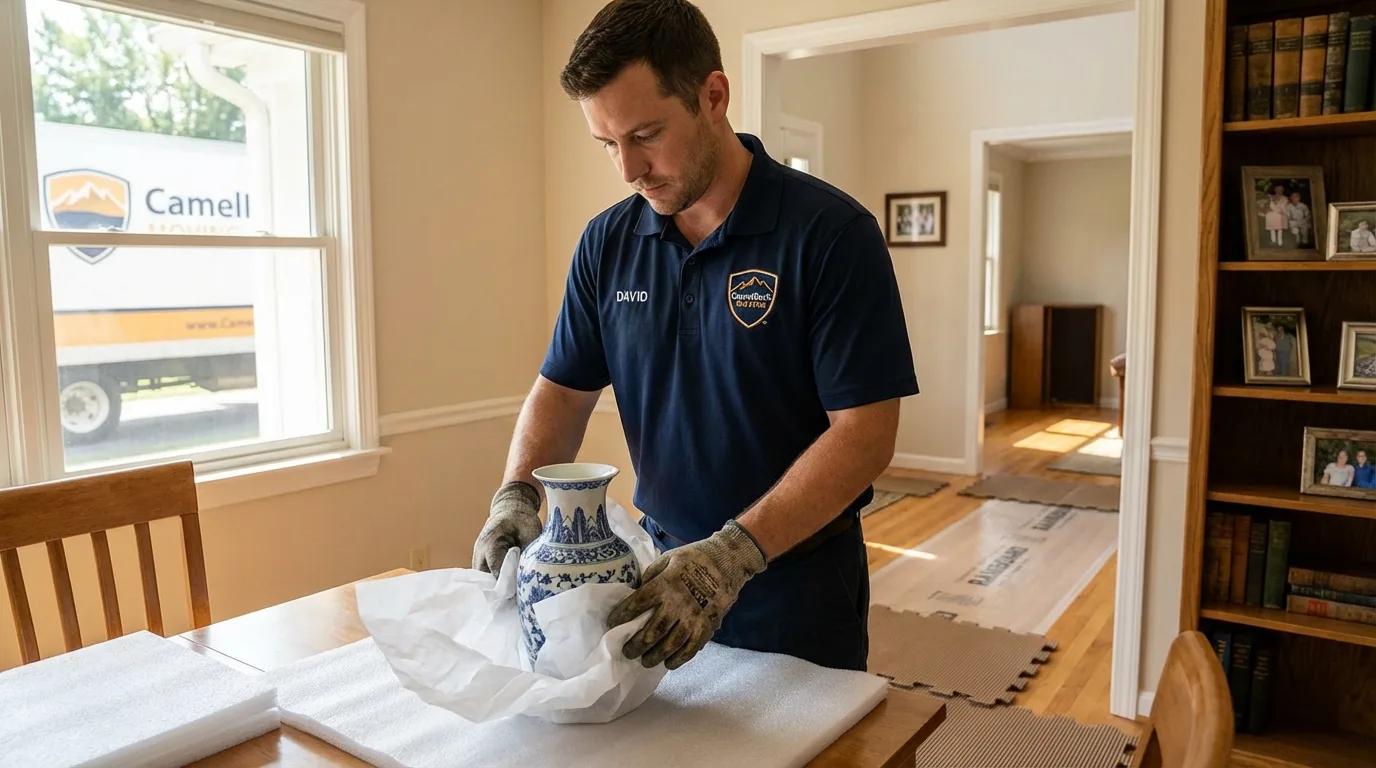 Professional crew carefully wrapping antique vase for senior downsizing move in Concordia, KS